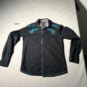 Black Jack Shirt Mens Small Aqua Black Embroidered Cotton Button Up Streetwear